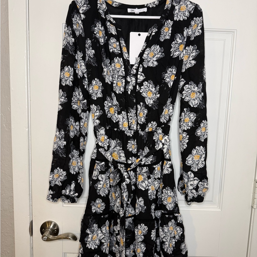 Black Dress with White and Yellow Floral Print